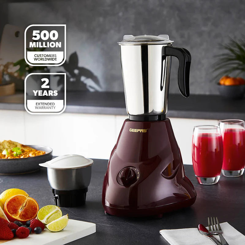 Geepas 2-IN-1 Mixer Grinder- GSB44091| 550W Powerful Motor, Stainless Steel Jars and Blade| Ergonomic Grip and Equipped with Overload Protector| Maroon, 2 Years Warranty