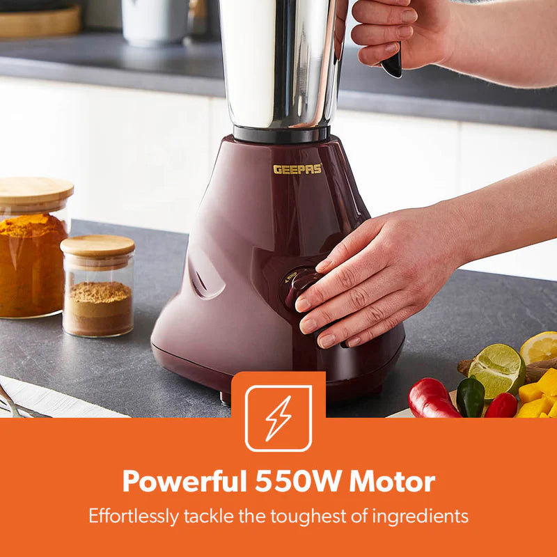 Geepas 2-IN-1 Mixer Grinder- GSB44091| 550W Powerful Motor, Stainless Steel Jars and Blade| Ergonomic Grip and Equipped with Overload Protector| Maroon, 2 Years Warranty