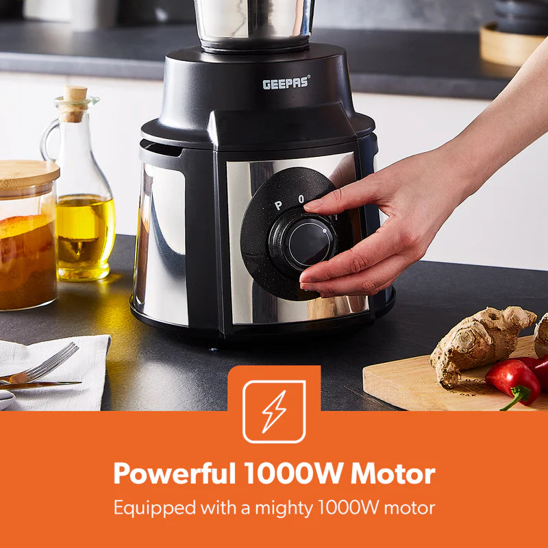Geepas 5-in-1 Mixer Grinder GSB5457N | 1000W  Copper Motor| Stainless Steel Jars| Modern Design| Durable Body| Sharp Blades| 1.5L| 1.0L & 450ml Jars| 2 Years Warranty