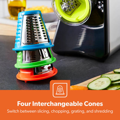Geepas 4-in-1 Salad Maker GSM63022UK | 200W Powerful Motor | 4 Stainless Steel Cones for Effortless Slicing| Shredding, Grating & Grinding | Easy to Use |  2-Year Warranty