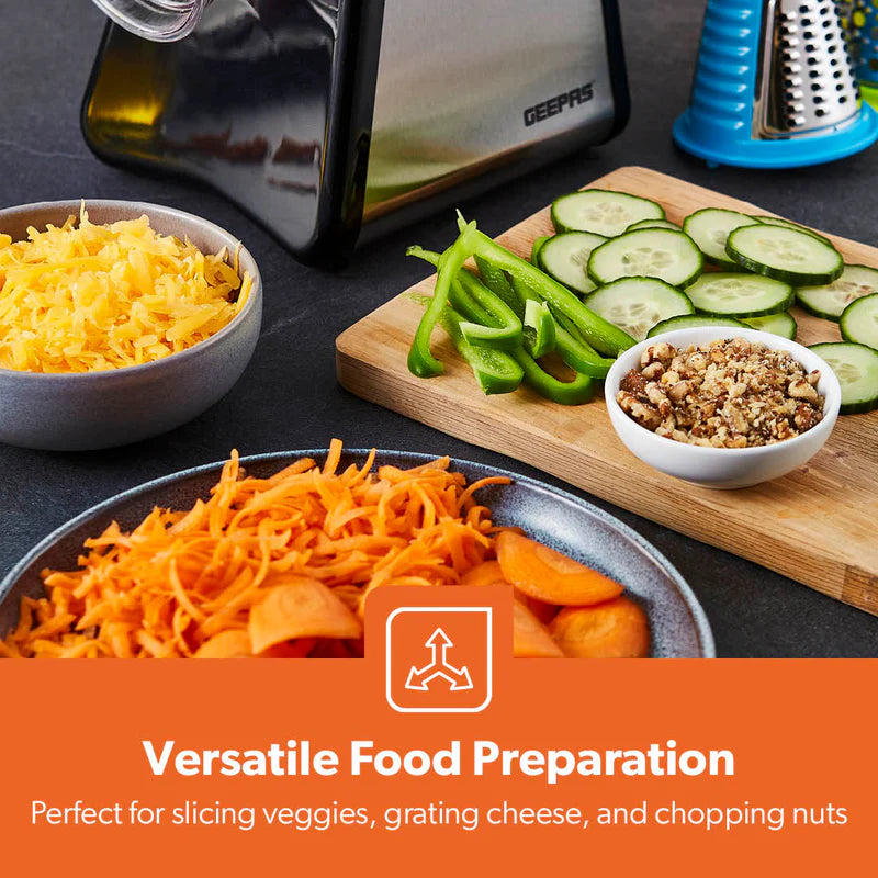 Geepas 4-in-1 Salad Maker GSM63022UK | 200W Powerful Motor | 4 Stainless Steel Cones for Effortless Slicing| Shredding, Grating & Grinding | Easy to Use |  2-Year Warranty