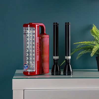 Geepas GEFL4141 Rechargeable LED Lantern & 3-in-1 Flashlight Combo| 30PCS SMD LED| CREE LED Torches|  Solar Input| Unbreakable PC Glass| 60 Hours Working|2 Years Warranty