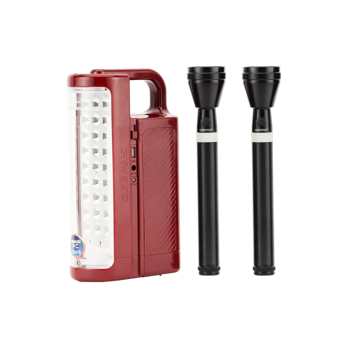 Geepas GEFL4141 Rechargeable LED Lantern & 3-in-1 Flashlight Combo| 30PCS SMD LED| CREE LED Torches|  Solar Input| Unbreakable PC Glass| 60 Hours Working|2 Years Warranty