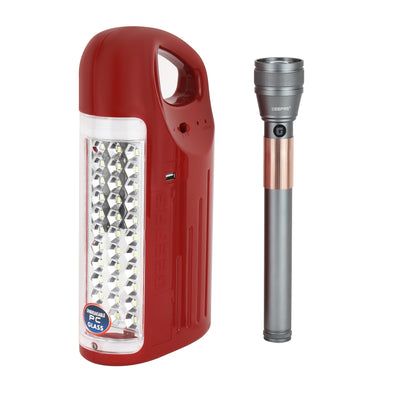 Geepas GEFL4629 Rechargeable Lantern & Zoomable Flashlight | 33 SMD LED Lantern| 20W High Power Zoom Torch| 6000mAh Battery|  100 Hours Working Time| 2 Years Warranty