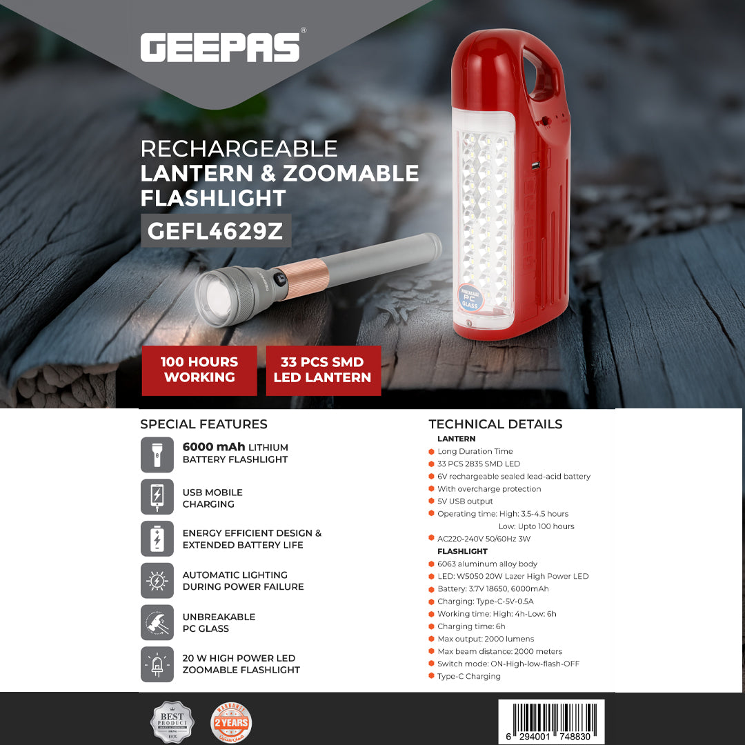 Geepas GEFL4629 Rechargeable Lantern & Zoomable Flashlight | 33 SMD LED Lantern| 20W High Power Zoom Torch| 6000mAh Battery|  100 Hours Working Time| 2 Years Warranty