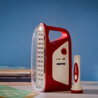 Geepas GEFL4664 Rechargeable Lantern & Torch | 2-in-1 Emergency Lighting with 200 Hours Working | 36PCS SMD LED| Solar Charging | Light Dimmer |   2 Years Warranty