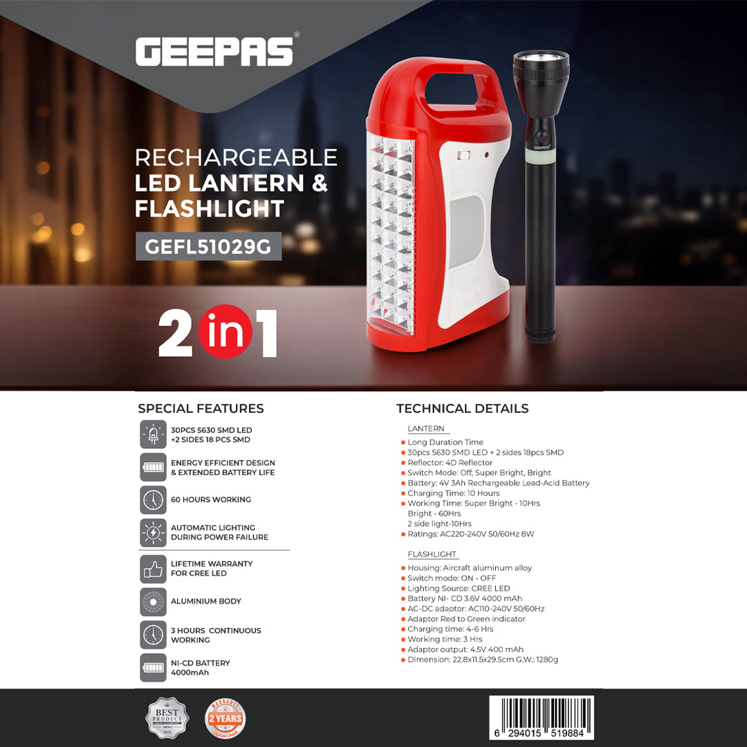 Geepas GEFL51029  Rechargeable LED Lantern & Flashlight | 2-in-1 Combo Emergency Lighting  | 30pcs SMD LED | CREE LED Torch | 60H Working Time | 2 Years Warranty