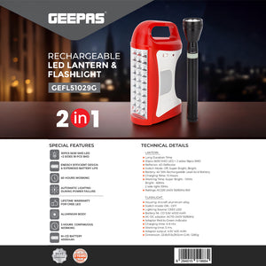 Geepas GEFL51029  Rechargeable LED Lantern & Flashlight | 2-in-1 Combo Emergency Lighting  | 30pcs SMD LED | CREE LED Torch | 60H Working Time | 2 Years Warranty
