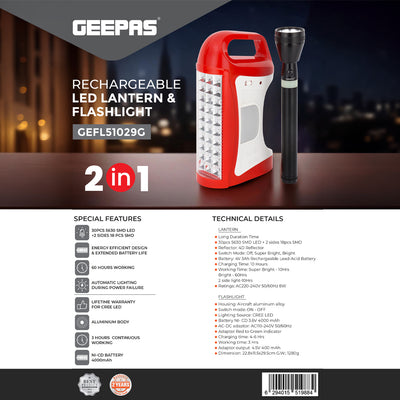 Geepas GEFL51029  Rechargeable LED Lantern & Flashlight | 2-in-1 Combo Emergency Lighting  | 30pcs SMD LED | CREE LED Torch | 60H Working Time | 2 Years Warranty