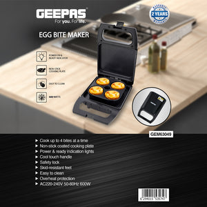 Geepas Egg Bite Maker GEM63049 | 600W Powerful Motor | Non-Stick Cooking Plates | Prepare 4 Egg Bites at a Time | Quick, Easy & Healthy Breakfast Maker for Home Use