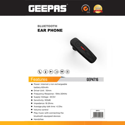 Geepas GEP4716 Wireless Bluetooth Earphone | Handsfree Calling| High Sensitivity 10mm Driver Sound| Rechargeable 60mAh Battery| Built-in Mic| Lightweight| Portable Design