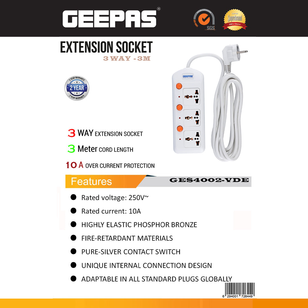 Geepas 3 Way Extension Board with VDE Plug | Individual On/Off Switches | Multi Plug Power Socket with Durable Cable | Safe, Reliable, and Convenient Power Solution