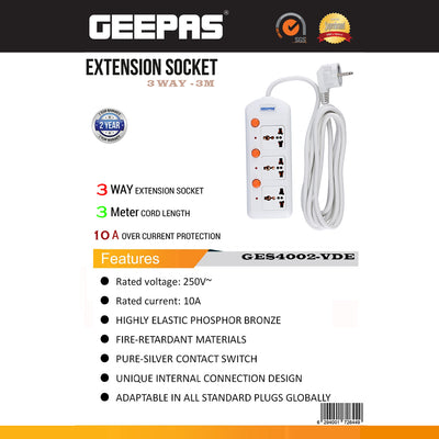 Geepas 3 Way Extension Board with VDE Plug | Individual On/Off Switches | Multi Plug Power Socket with Durable Cable | Safe, Reliable, and Convenient Power Solution