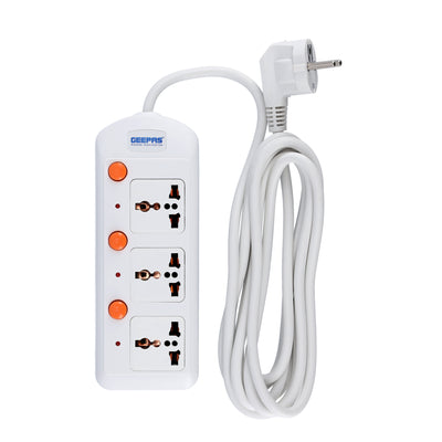 Geepas 3 Way Extension Board with VDE Plug | Individual On/Off Switches | Multi Plug Power Socket with Durable Cable | Safe, Reliable, and Convenient Power Solution