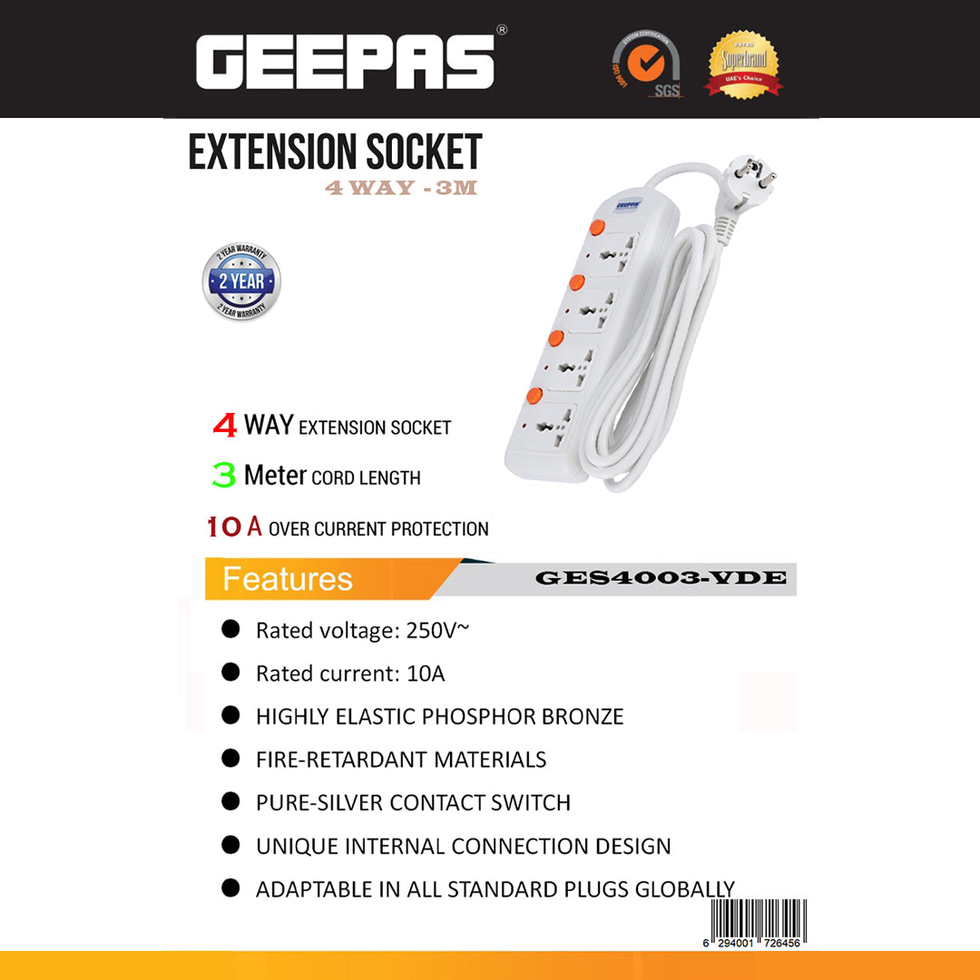 Geepas GES4003-VDE 4-Way Extension Socket 3M| Individual Switches |10A Protection | Fire-retardant housing| Ideal for homes, offices, workstations & electronic appliances
