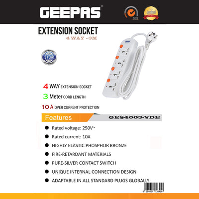 Geepas GES4003-VDE 4-Way Extension Socket 3M| Individual Switches |10A Protection | Fire-retardant housing| Ideal for homes, offices, workstations & electronic appliances