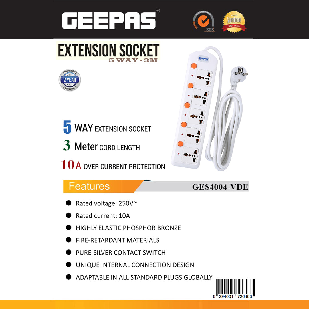 Geepas 5 Way Extension Board VDE Plug with  Individually On/Off Switch- Power Extension Socket -Multi Plug Power Cable