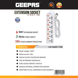 Geepas 6 Way Extension Board VDE Plug with  Individually On/Off Switch- Power Extension Socket -Multi Plug Power Cable
