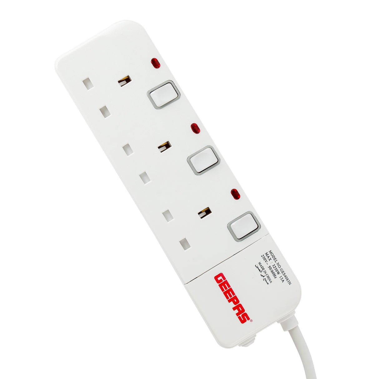 Geepas GES4083 3-Way Portable Multi Socket | 3M Extension Cable | Individual Switches | 13A, 3120W | Fire-retardant housing | Supports high-power appliances | Durable