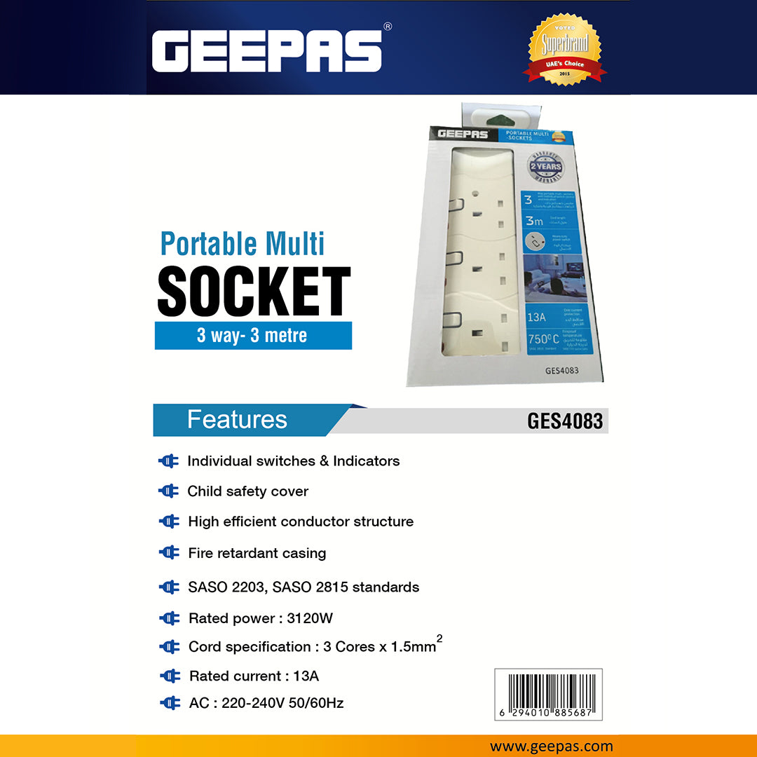 Geepas GES4083 3-Way Portable Multi Socket | 3M Extension Cable | Individual Switches | 13A, 3120W | Fire-retardant housing | Supports high-power appliances | Durable