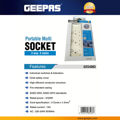Geepas GES4083 3-Way Portable Multi Socket | 3M Extension Cable | Individual Switches | 13A, 3120W | Fire-retardant housing | Supports high-power appliances | Durable