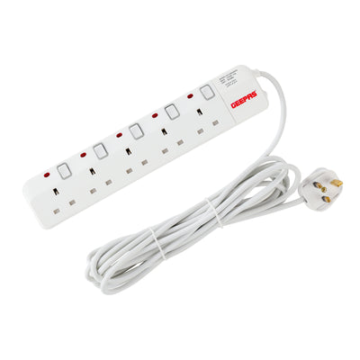 Geepas GES4085 5-Way Extension Socket | 5m Heavy-Duty Cord | Individual Switches & Indicators | 13A Power| Fire-Retardant Body | Child Safety & High Efficiency Design