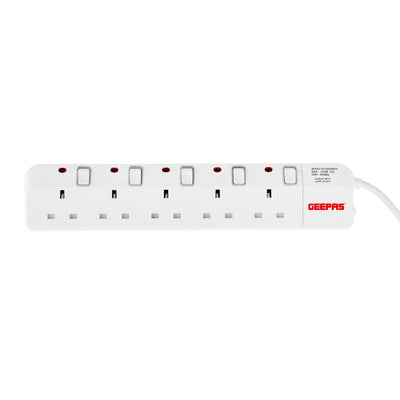 Geepas GES4085 5-Way Extension Socket | 5m Heavy-Duty Cord | Individual Switches & Indicators | 13A Power| Fire-Retardant Body | Child Safety & High Efficiency Design