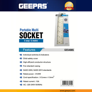 Geepas GES4085 5-Way Extension Socket | 5m Heavy-Duty Cord | Individual Switches & Indicators | 13A Power| Fire-Retardant Body | Child Safety & High Efficiency Design