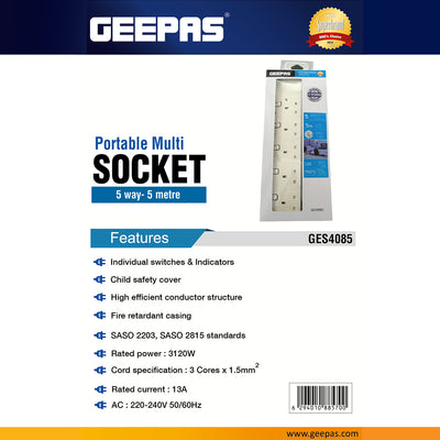 Geepas GES4085 5-Way Extension Socket | 5m Heavy-Duty Cord | Individual Switches & Indicators | 13A Power| Fire-Retardant Body | Child Safety & High Efficiency Design