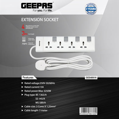 Geepas GES4091 4-Way Extension Socket with Individual Switches | 3m Heavy-Duty Power Cord | 13A Rated Power | Fireproof Body | UK Standard Plug for Home & Office Use