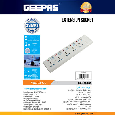 Geepas 5 Way Extension Socket 13A | 4 Power Switches with LED Indicators, 3m Extra Long Cord, Overcurrent Protection, Ideal for Home, Office & Electronic Devices