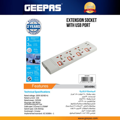 Geepas 3 Way Extension Socket with 2 USB Port - 4 Led Indicators with Power Switches | Extra Long 3m Cord, Over Current Protected | Ideal for All Electronic Devices