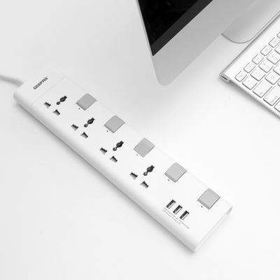 Geepas GES4095 4-Way Extension Socket| USB Charging| Individual Switches | 3m Heavy-Duty Cord| 13A Protection| Fire-Retardant Body for Home & Office Use| 2-Year  Warranty