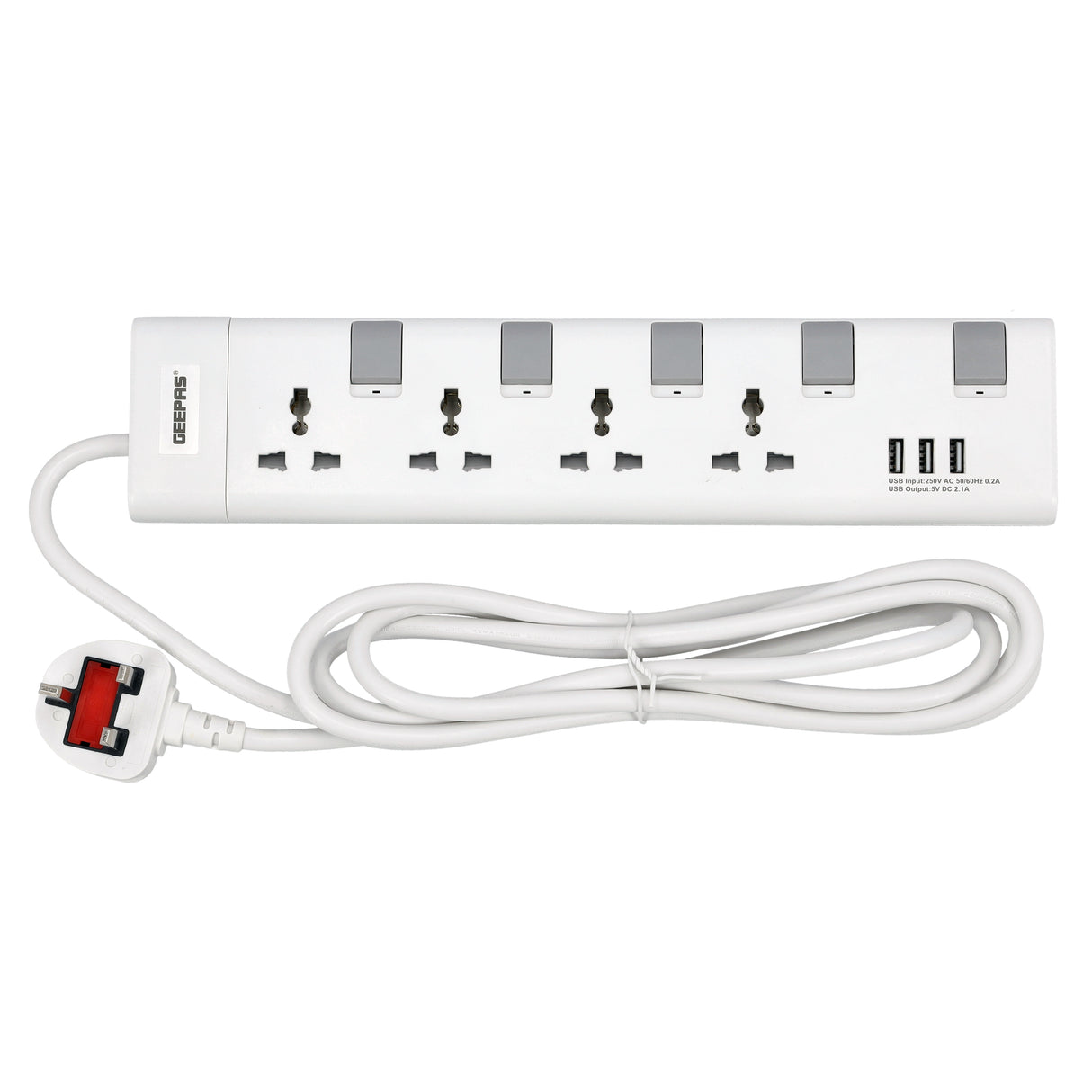 Geepas GES4095 4-Way Extension Socket| USB Charging| Individual Switches | 3m Heavy-Duty Cord| 13A Protection| Fire-Retardant Body for Home & Office Use| 2-Year  Warranty