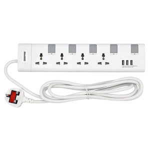 Geepas GES4095 4-Way Extension Socket| USB Charging| Individual Switches | 3m Heavy-Duty Cord| 13A Protection| Fire-Retardant Body for Home & Office Use| 2-Year  Warranty