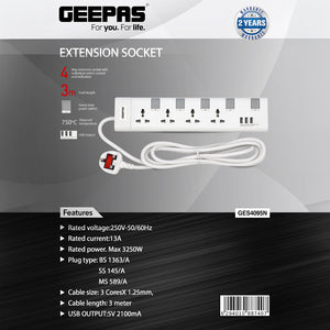 Geepas GES4095 4-Way Extension Socket| USB Charging| Individual Switches | 3m Heavy-Duty Cord| 13A Protection| Fire-Retardant Body for Home & Office Use| 2-Year  Warranty