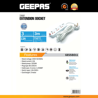 Geepas 3 Way Extension Socket 13A | Multiple Device Charging with Child Safety Covers, 3m Extra Long Cord, Over Current & Fire Protection | Ideal for Home & Office