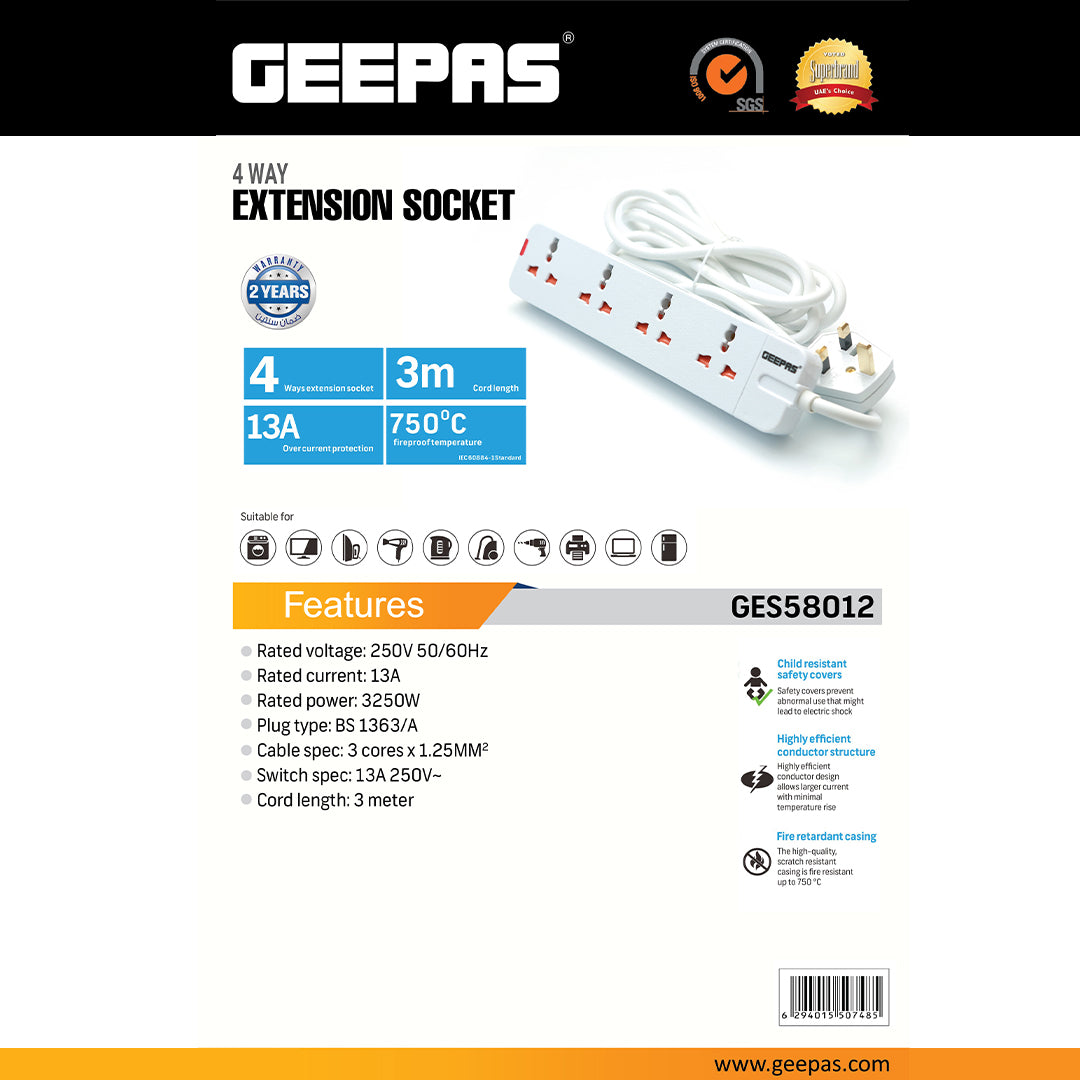 Geepas GES58012 4-Way Extension Socket|3m Heavy-Duty Power Cord| 13A Overcurrent Protection | Fire-Retardant Body |Child Safety Covers & UK Standard Plug| 2-Year Warranty