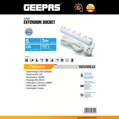 Geepas GES58013 5-Way Extension Socket 3M | 13A Power Strip with Child Safety Covers | Fire-retardant casing | Highly efficient conductor structure | Durable & Reliable