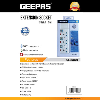 Geepas GES5801 3-Way Extension Socket 5M | Individual Switches | 13A Overload Protection | Fire Retardant Power Extension | 5 Meter Long Cable | LED Power Indicators
