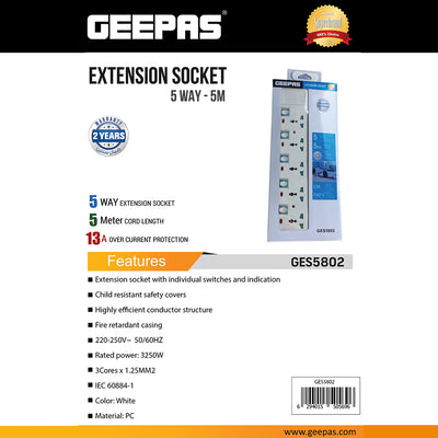 Geepas 5 Way Extension Socket | 5 LED Indicators with Individual Power Switches | Extra Long 5m Cord | Over Current Protection | Suitable for All Electronic Devices
