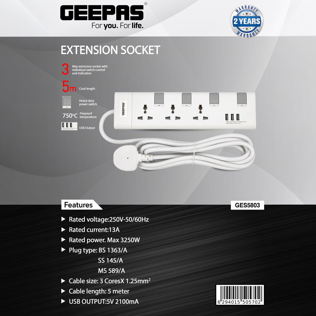 Geepas Extension Socket, 3 Ways, 5m Cord Length | GES5803 | Power Extension Socket | Multi Plug Power Cable | High Quality, Heavy Duty Power Switch