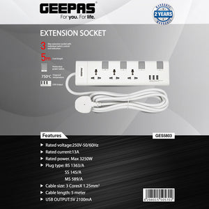 Geepas Extension Socket, 3 Ways, 5m Cord Length | GES5803 | Power Extension Socket | Multi Plug Power Cable | High Quality, Heavy Duty Power Switch
