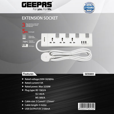 Geepas Extension Socket, 3 Ways, 5m Cord Length | GES5803 | Power Extension Socket | Multi Plug Power Cable | High Quality, Heavy Duty Power Switch