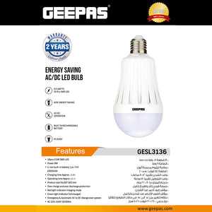 Geepas GESL3136 9W Rechargeable AC/DC LED Bulb | Emergency Backup | Built-in rechargeable lithium-ion battery | Energy-saving design |  PC body | Red charging indicator