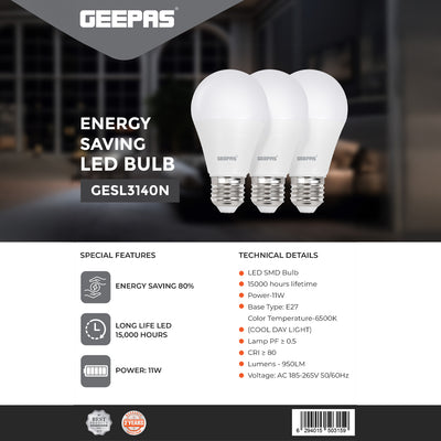 Geepas GESL3140 11W LED Bulb  | 950 Lumens | 6500K Cool Daylight | Advanced SMD LED technology | Long-lasting performance | Standard E27 screw base | Low maintenance