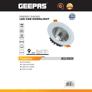 Geepas GESL55039 9W LED COB Downlight | Energy Saving Ceiling Light with 80% Power Saving| 50,000H Long Life| 810 Lumens Brightness| Easy Installation | 3 Years Warranty