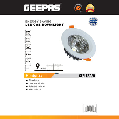 Geepas GESL55039 9W LED COB Downlight | Energy Saving Ceiling Light with 80% Power Saving| 50,000H Long Life| 810 Lumens Brightness| Easy Installation | 3 Years Warranty