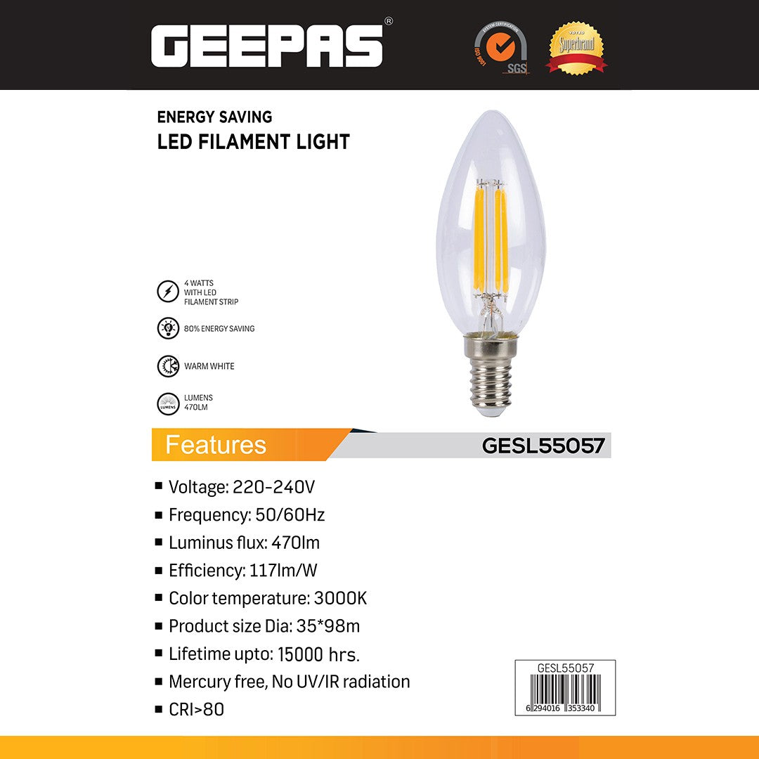 Geepas GESL55057 4W LED Filament Light | 470lm Warm White 3000K |Warm White Light | 80% Energy Saving | No UV/IR Radiation |Life Time Upto  15000hrs| Mercury Free
