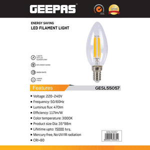 Geepas GESL55057 4W LED Filament Light | 470lm Warm White 3000K |Warm White Light | 80% Energy Saving | No UV/IR Radiation |Life Time Upto  15000hrs| Mercury Free
